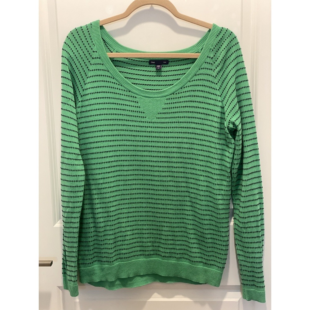 Gap Sweater Women's Medium Pullover Long Sleeve Cotton Green Navy Blue Stripe